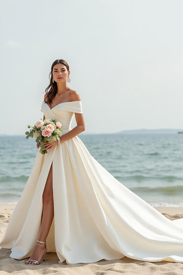 Ivory Satin A Line Off the Shoulder Chapel Train Wedding Dress